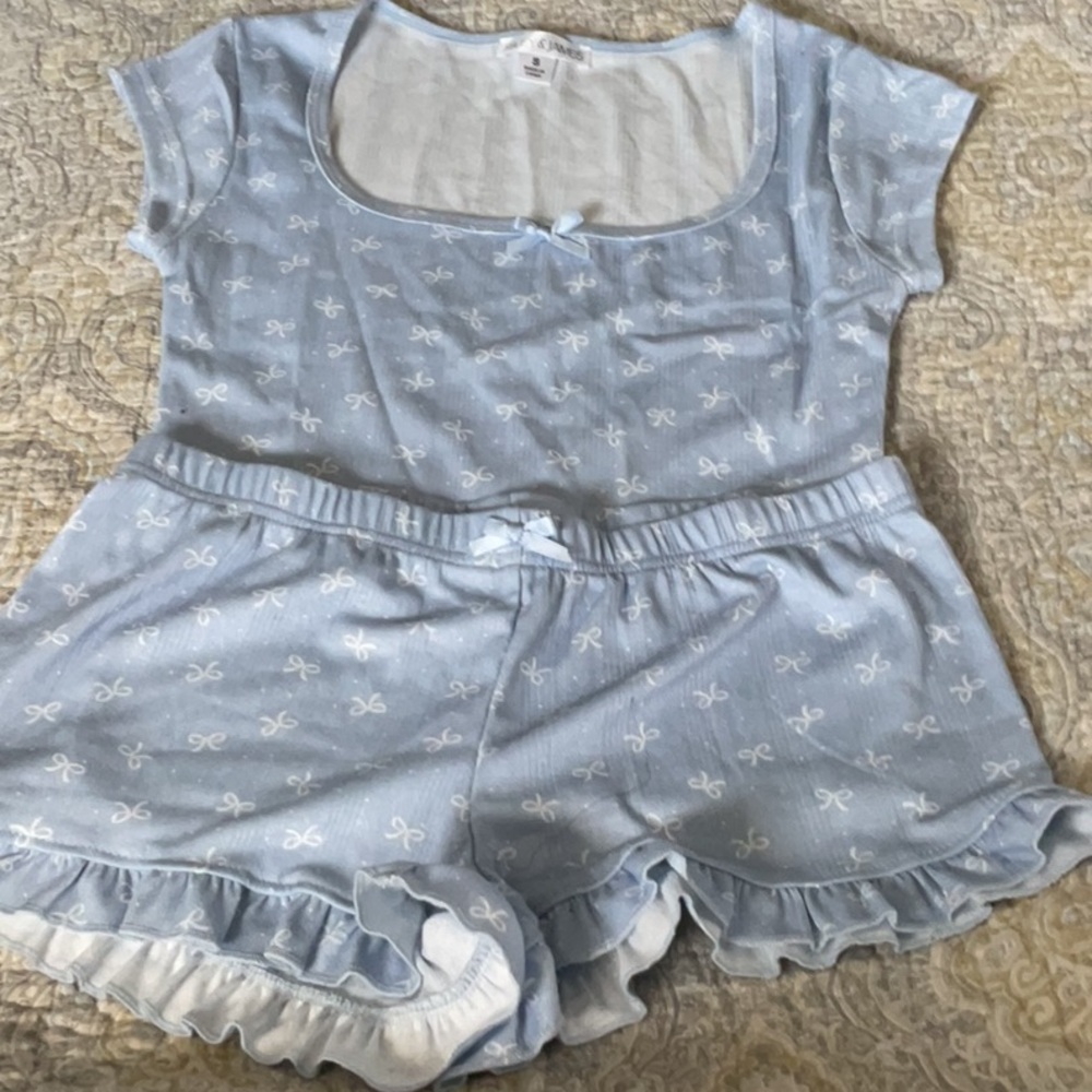 Light Blue Pajama Set with Bow Print